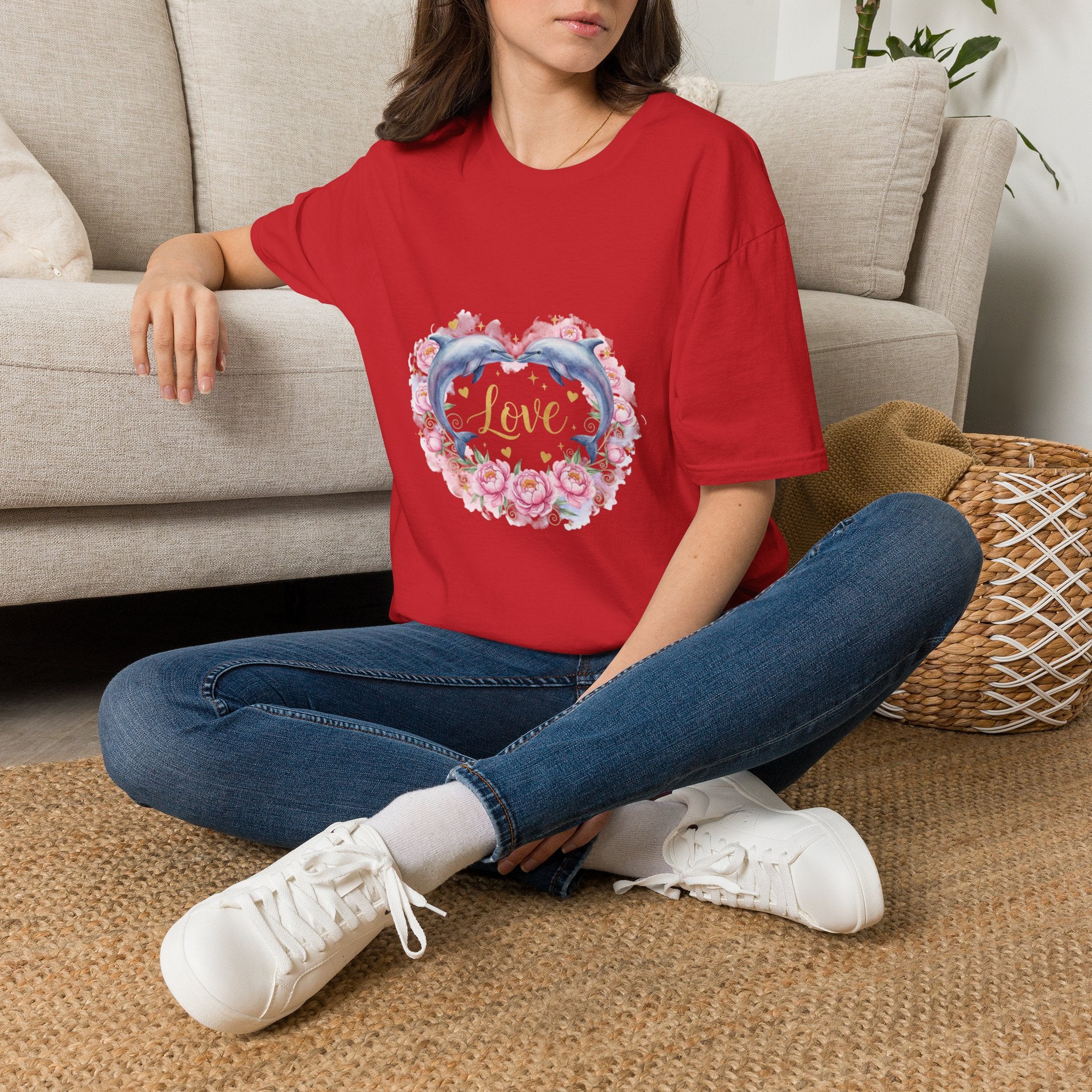 Women's Watercolor Dolphin Heart Love T-Shirt