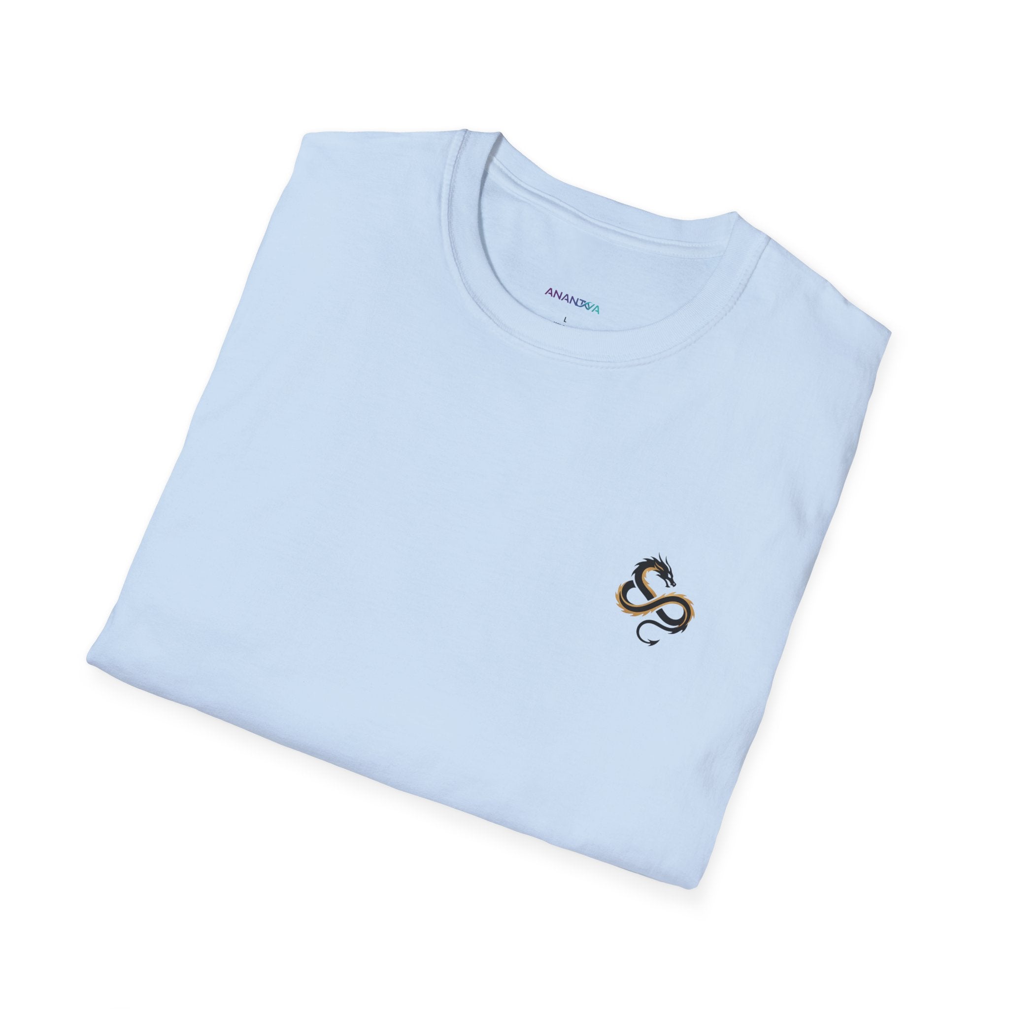 Men's Graphic Tee — Black Ink Asian Dragon Illustration with Chest Emblem