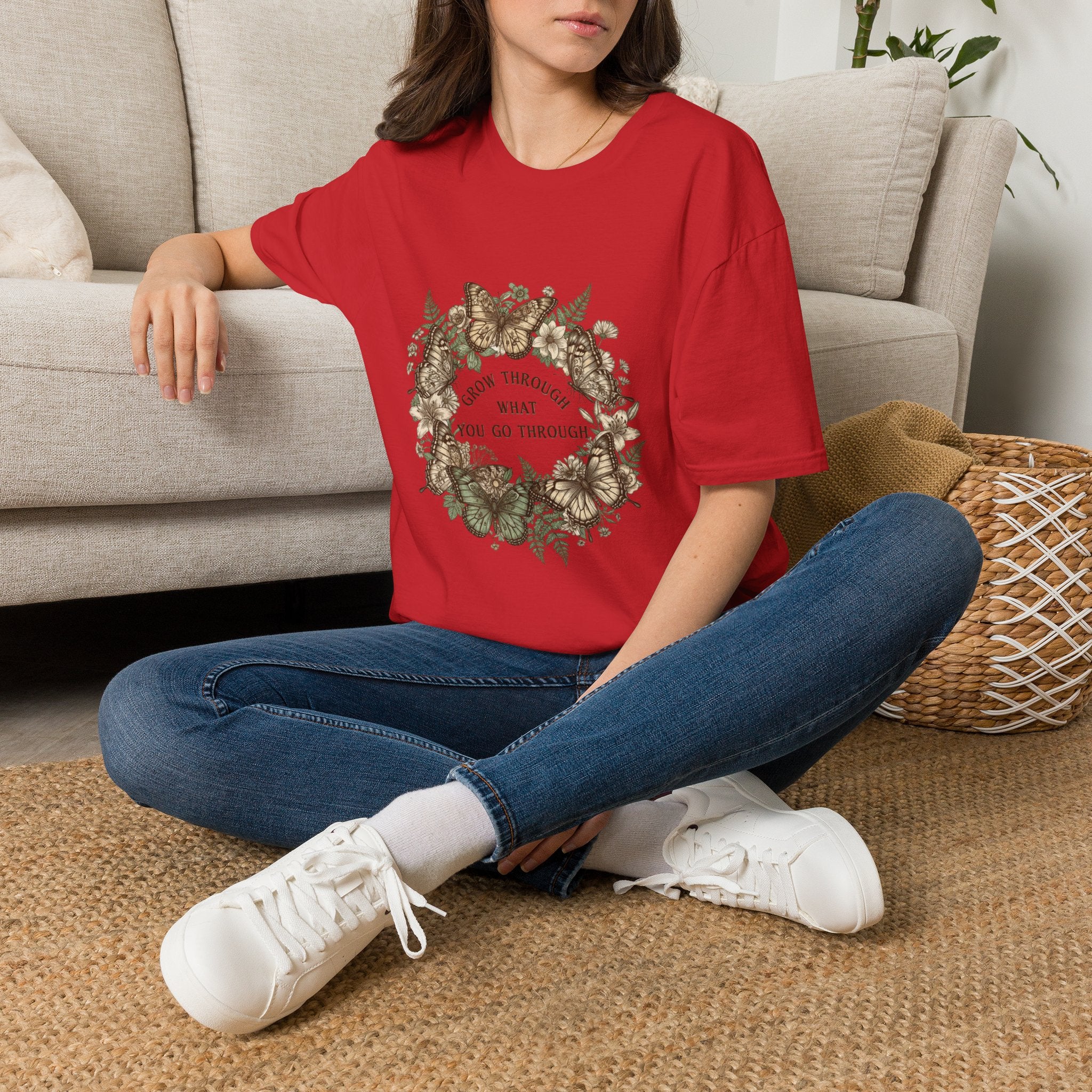 Grow Through What You Go Through Women's T-Shirt — Floral Butterfly Graphic Tee