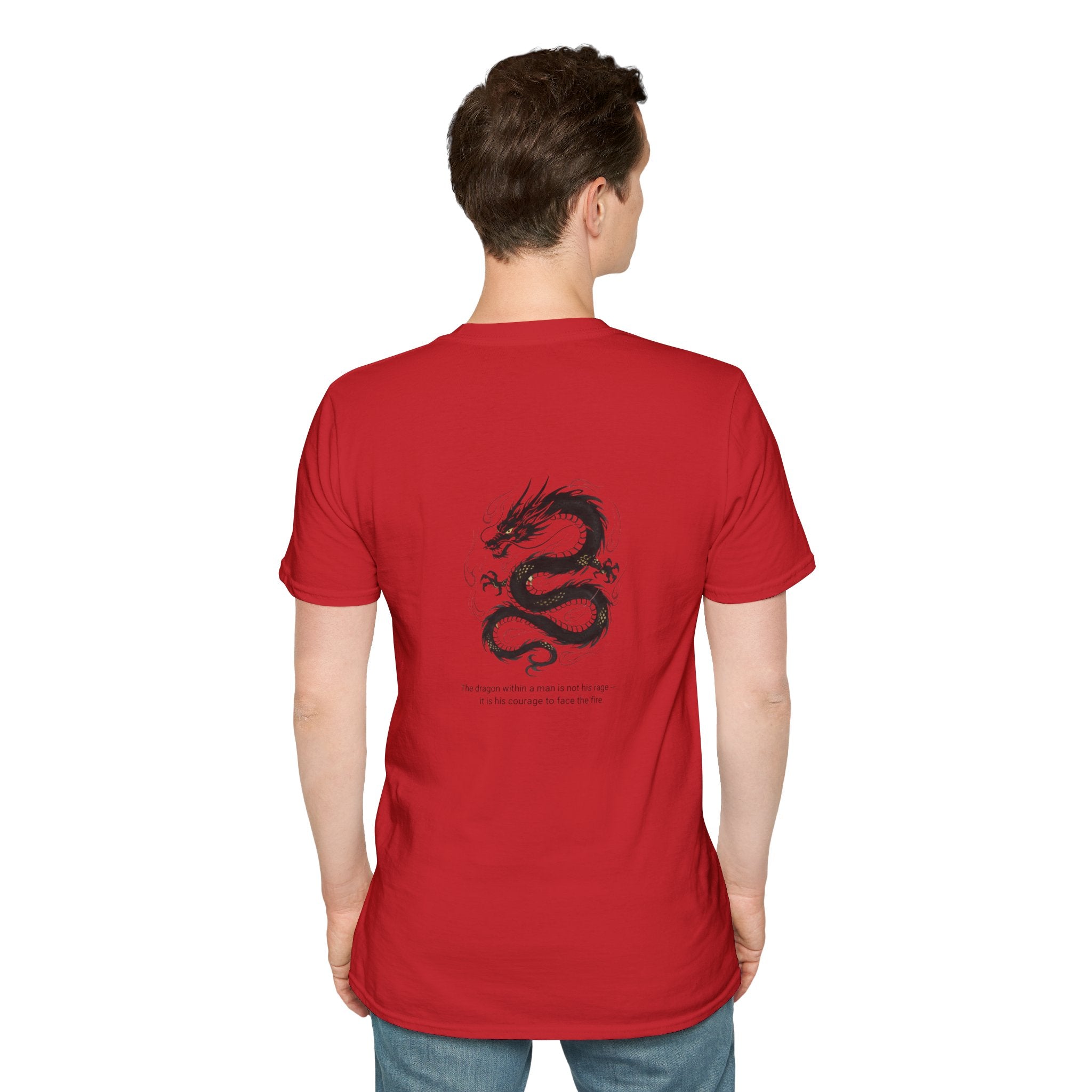 Men's Graphic Tee — Black Ink Asian Dragon Illustration with Chest Emblem
