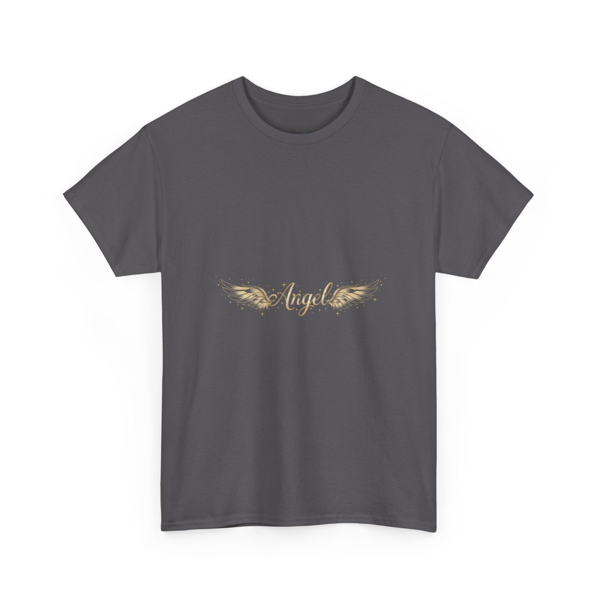 Angel Wings Graphic Tee | Distressed Gold Script "Angel" Chest Print | Women's DTG T-Shirt