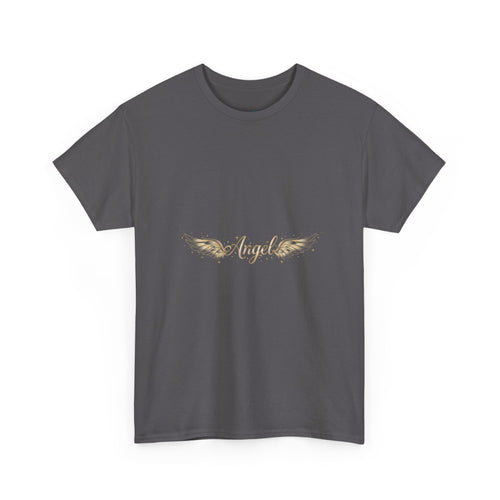 Angel Wings Graphic Tee | Distressed Gold Script "Angel" Chest Print | Women's DTG T-Shirt