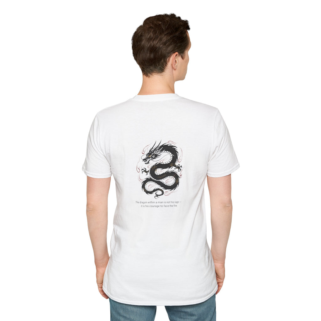 Men's Graphic Tee — Black Ink Asian Dragon Illustration with Chest Emblem