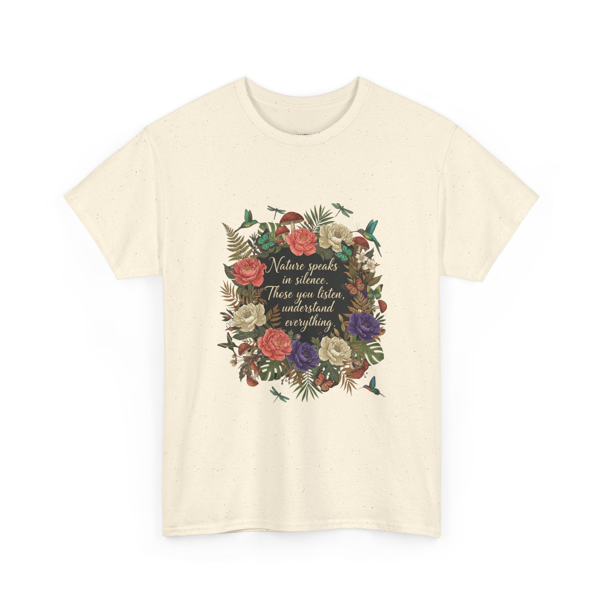 'Nature Speaks in Silence' Floral Wreath Women's T-Shirt | DTG-Printed Vintage Botanical Tee