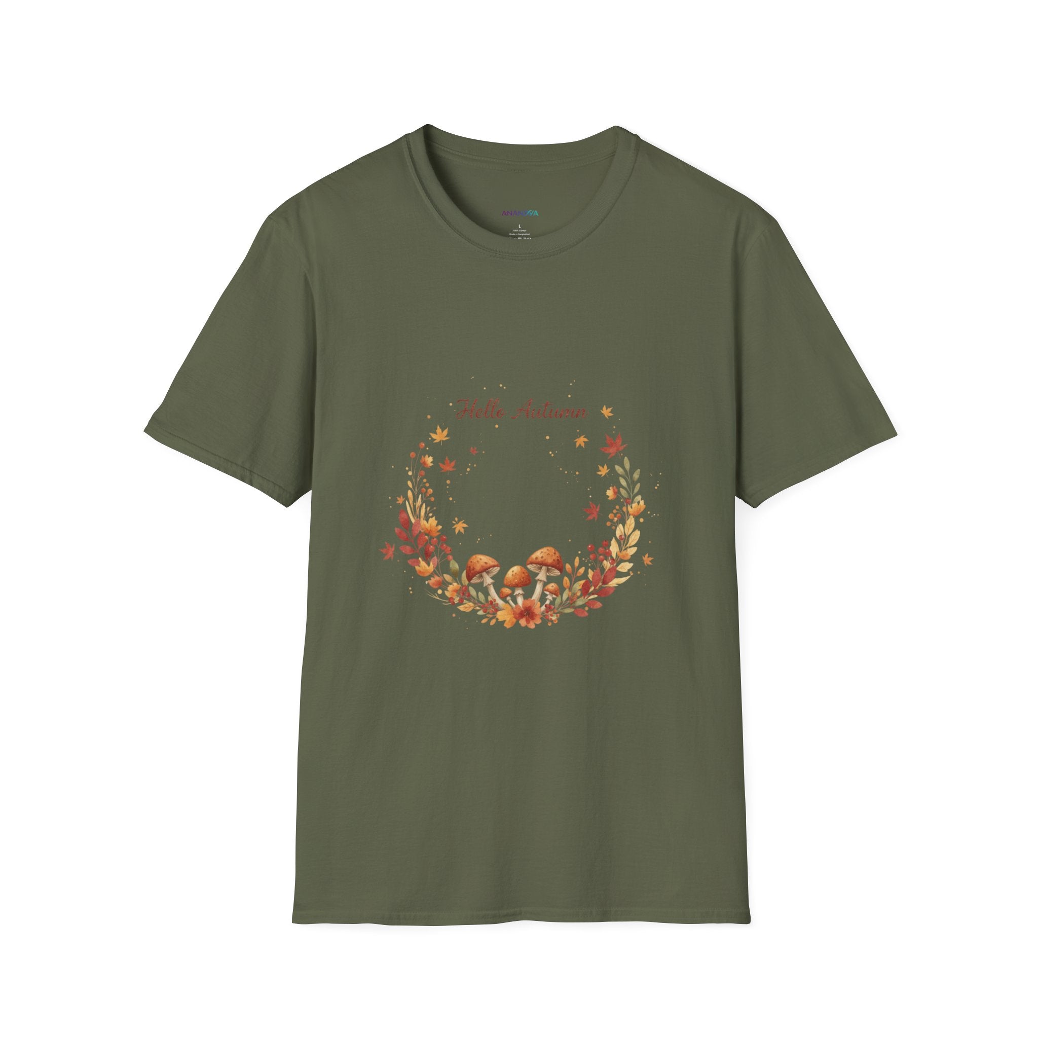'Hello Autumn' Mushroom & Leaf Wreath T-Shirt — Cozy Fall Graphic Tee