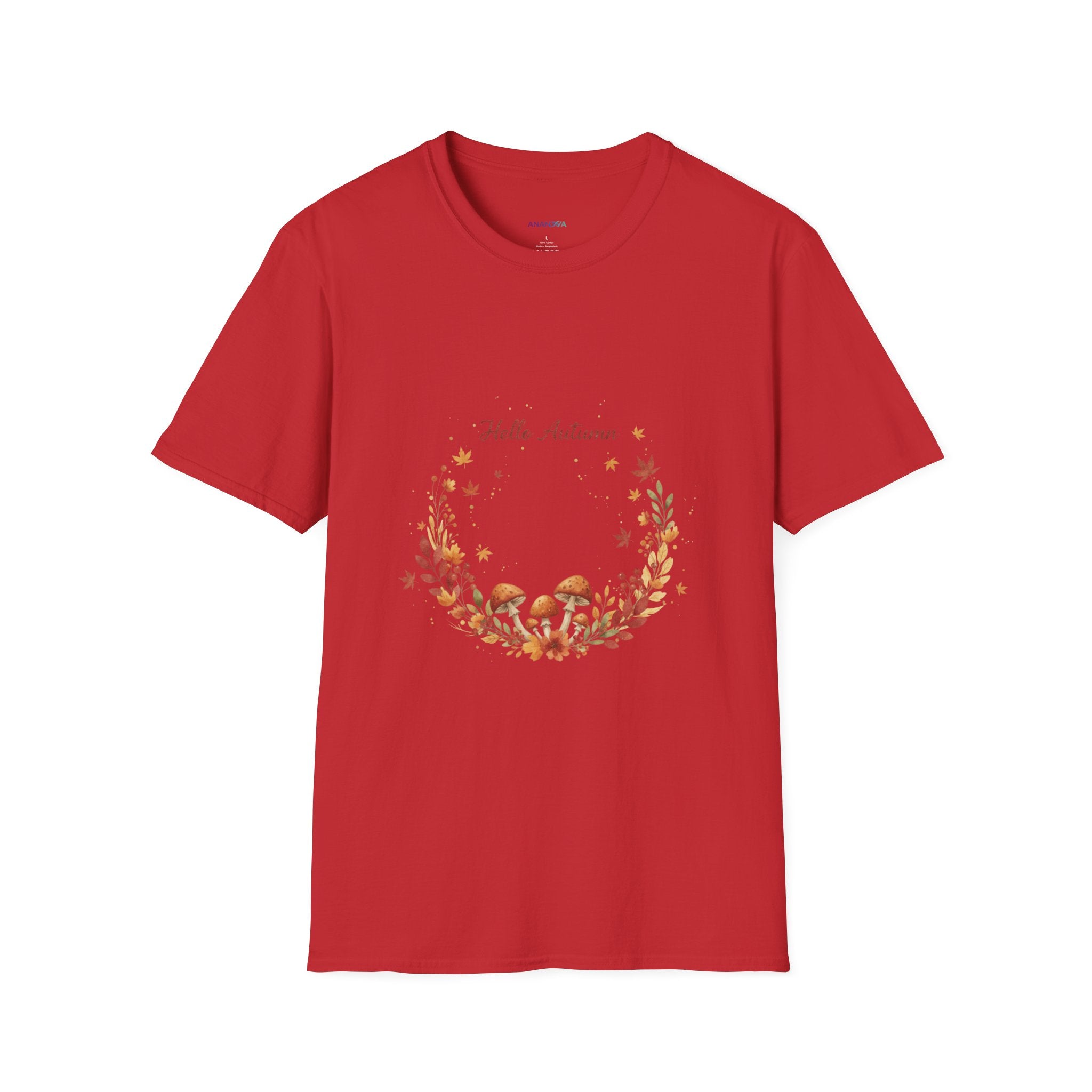 'Hello Autumn' Mushroom & Leaf Wreath T-Shirt — Cozy Fall Graphic Tee