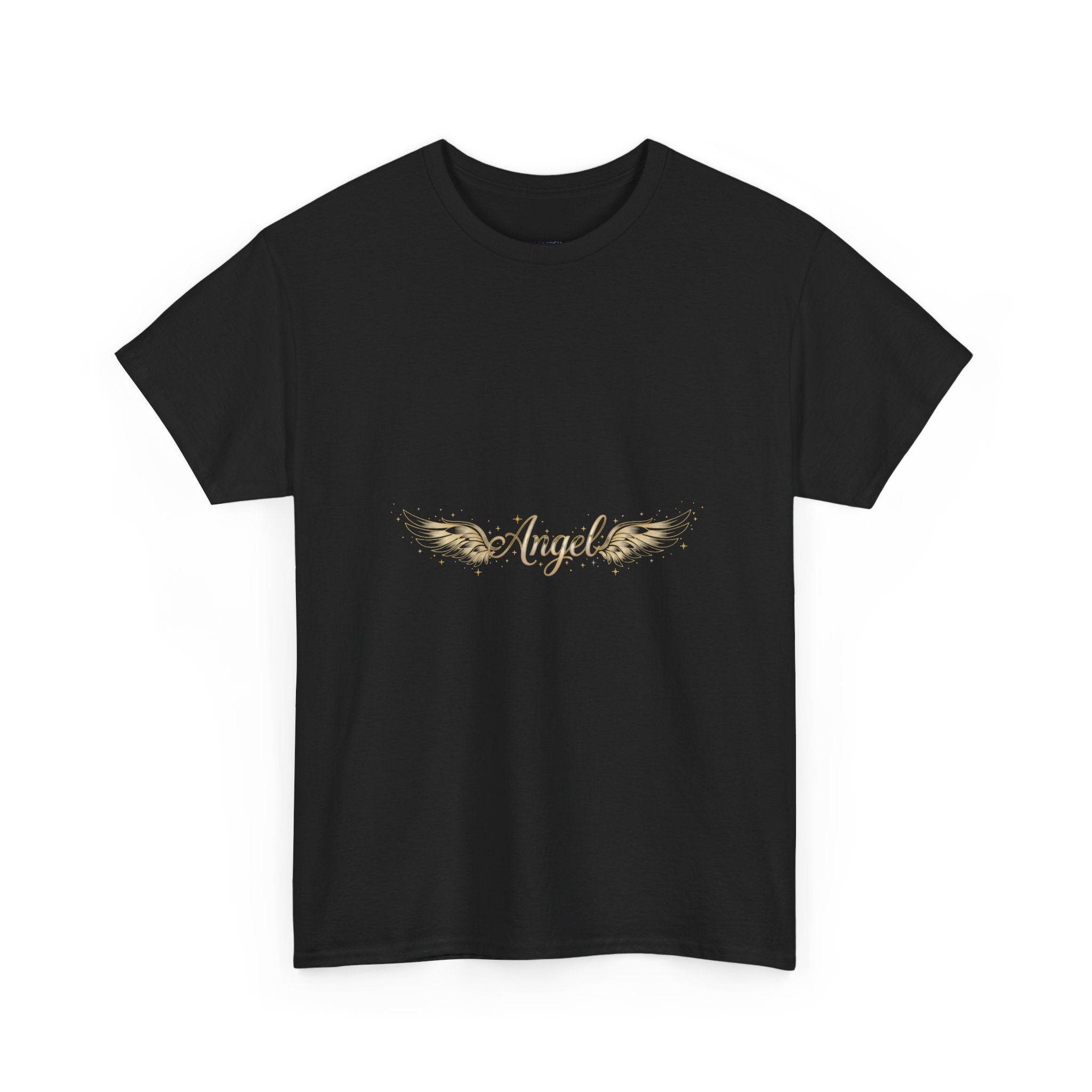Angel Wings Graphic Tee | Distressed Gold Script "Angel" Chest Print | Women's DTG T-Shirt