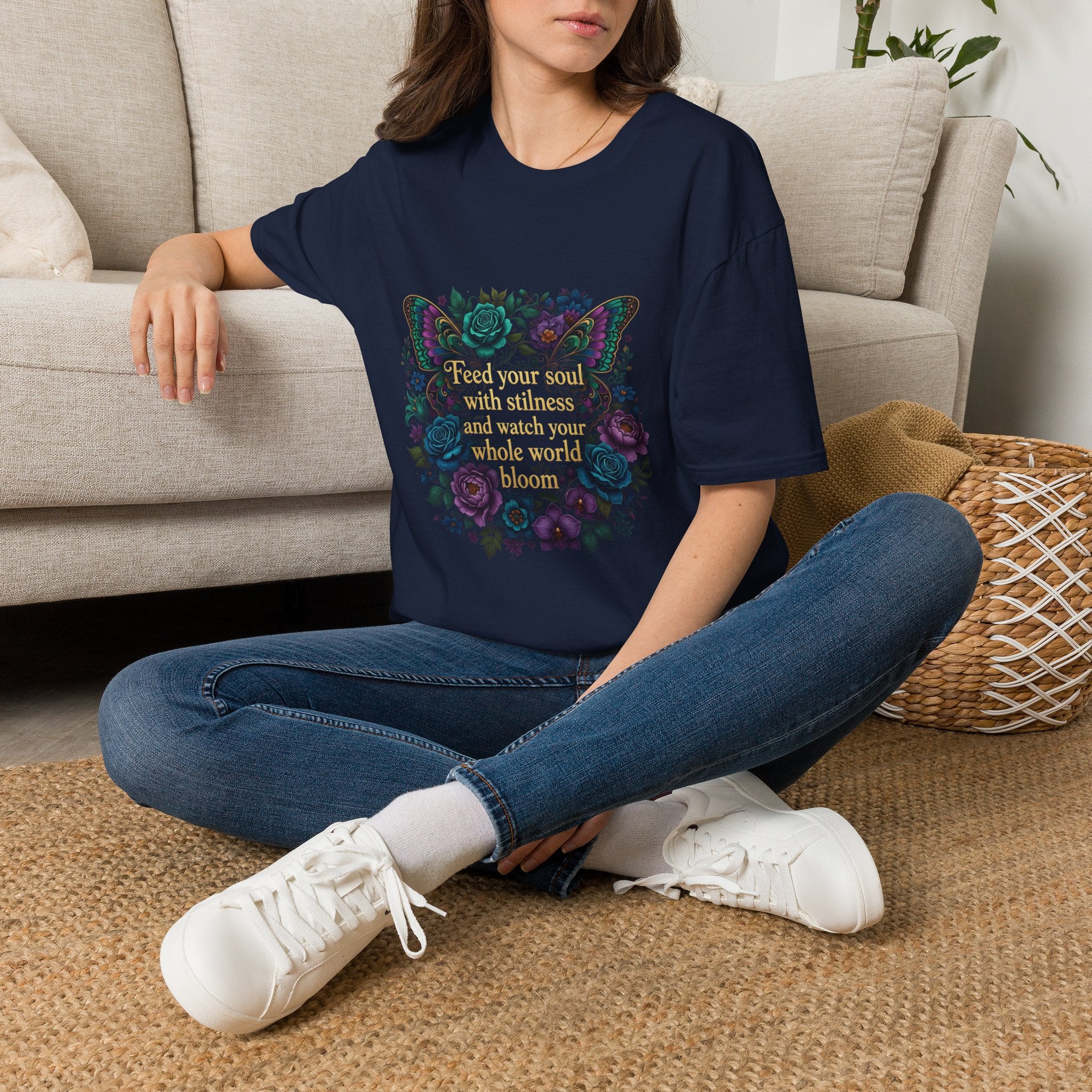 Feed Your Soul with Stillness Women's T-Shirt — Butterfly Floral Graphic Tee