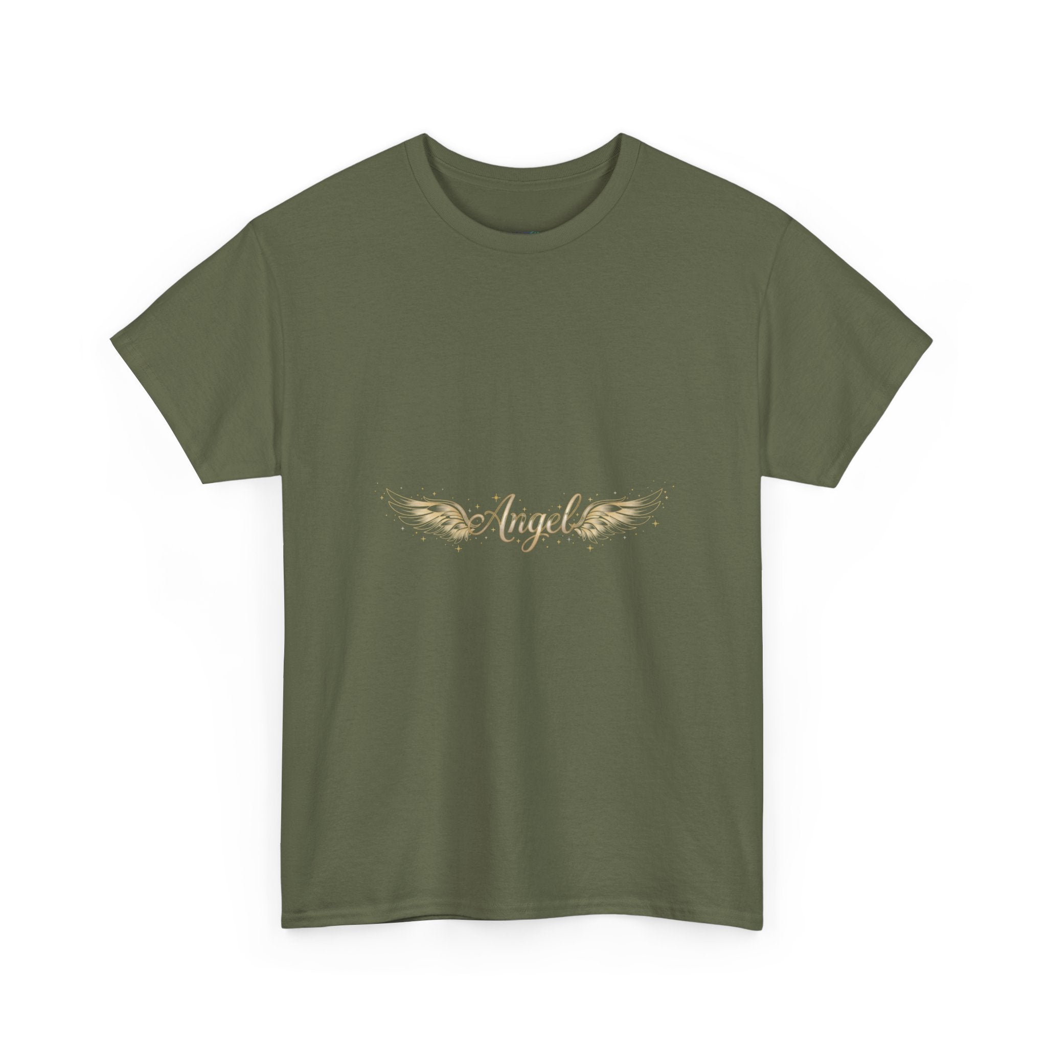 Angel Wings Graphic Tee | Distressed Gold Script "Angel" Chest Print | Women's DTG T-Shirt