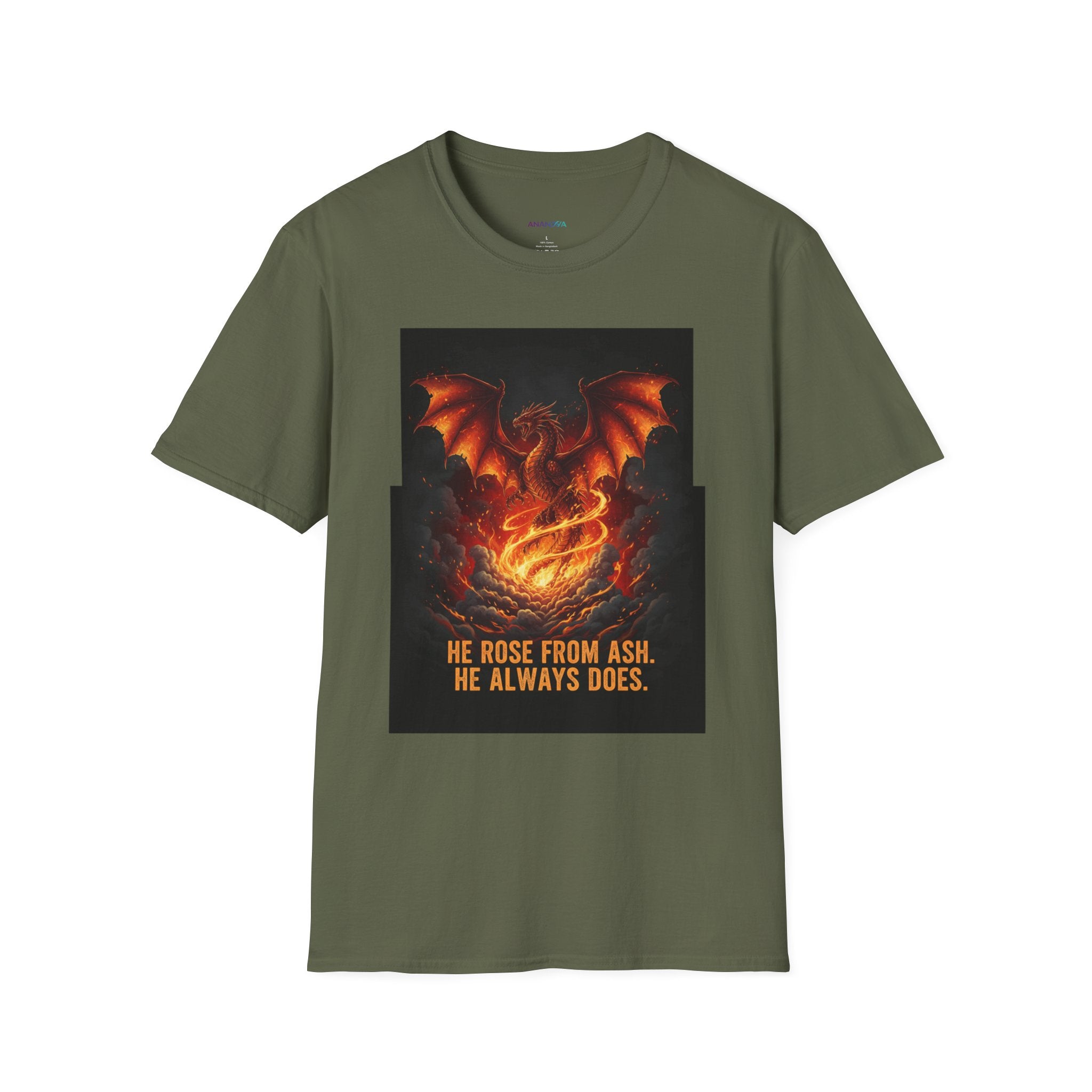 Men's Graphic Tee — Dragon Rising "He Rose From Ash. He Always Does." Fiery Fantasy Print