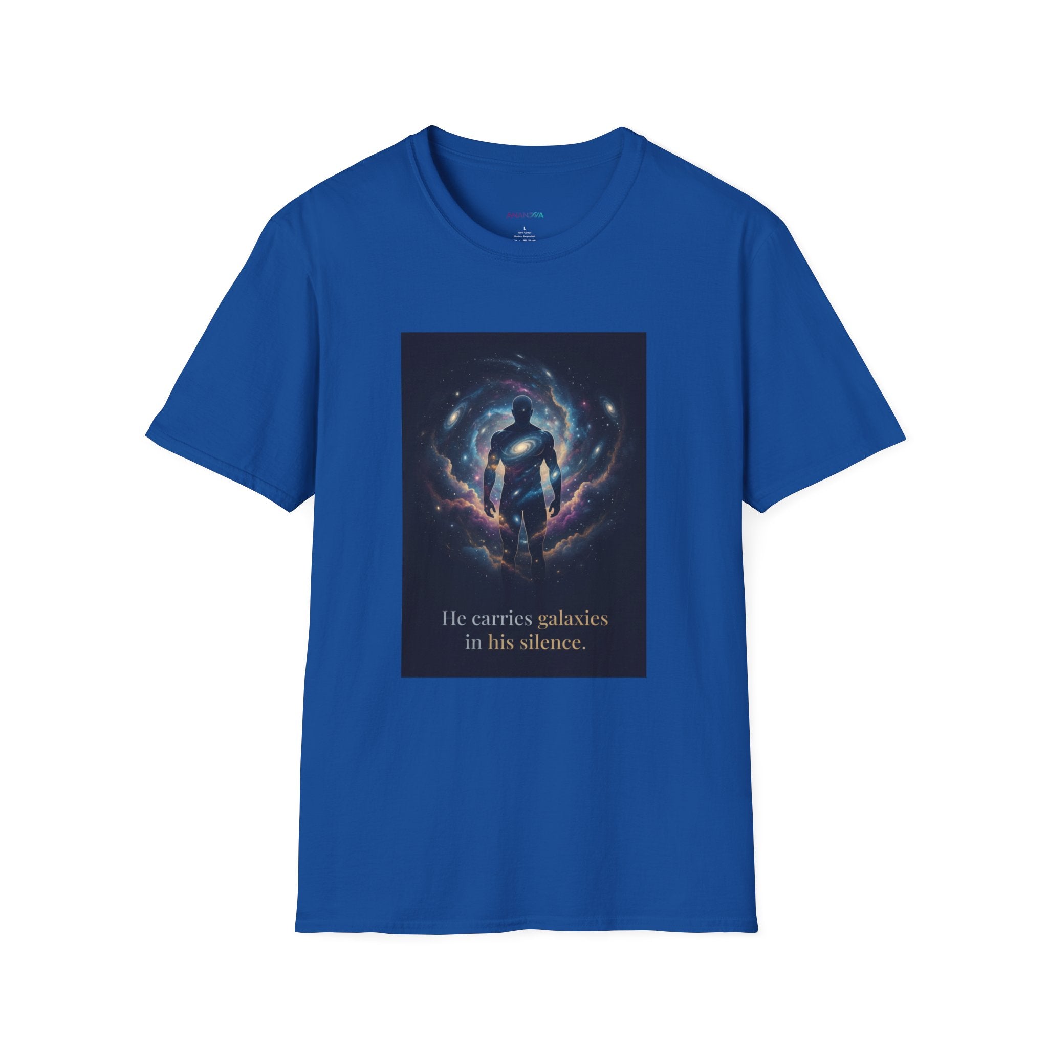Men's Graphic Tee — Galaxy Silhouette "He Carries Galaxies in His Silence" Cosmic Space Print
